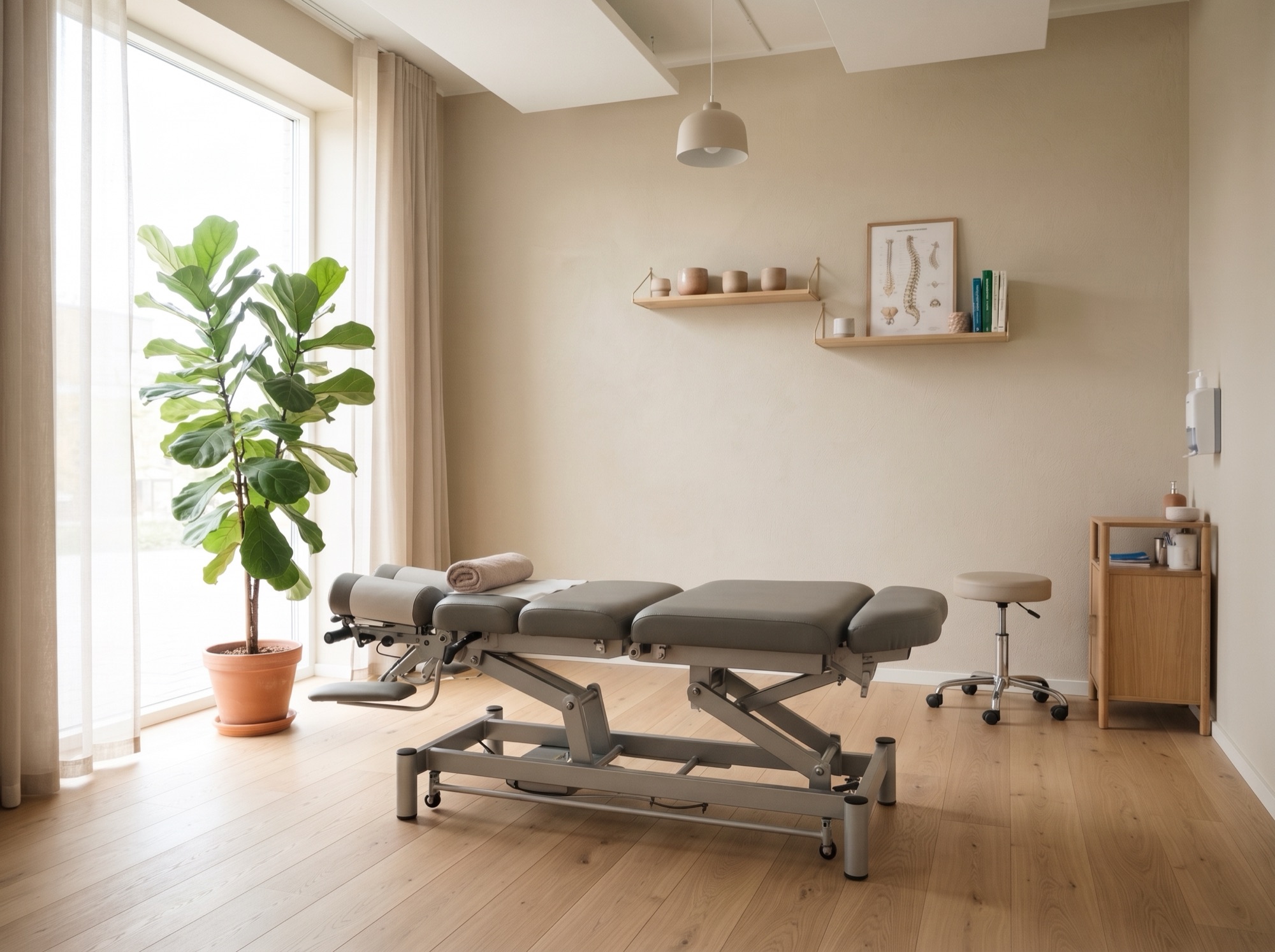 Salle de traitement lumineuse avec table de chiropratique
