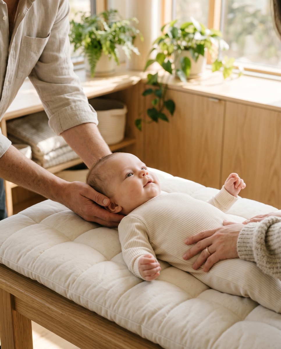 Un bébé reçoit un soin chiropratique tout en douceur