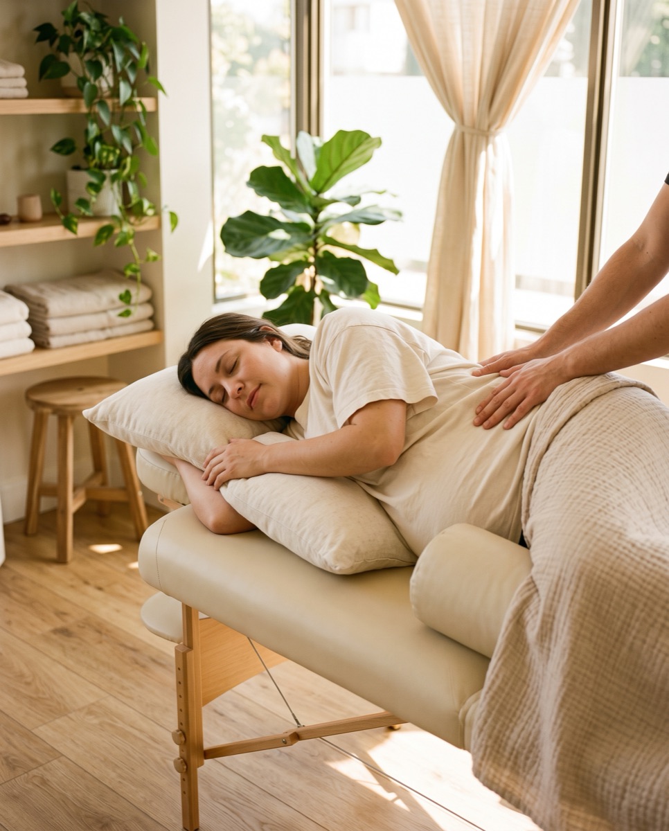 Une femme enceinte se repose sur une table de soins