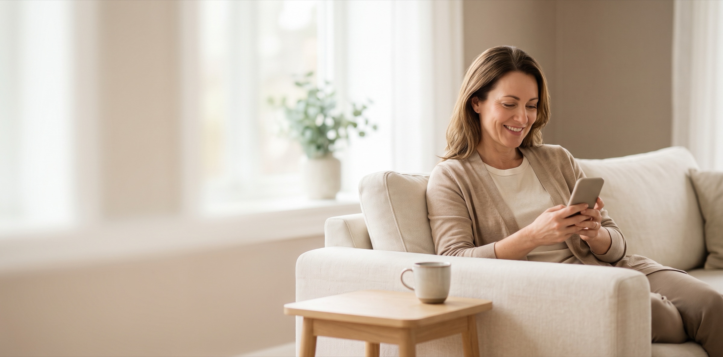 Une femme souriante consulte son téléphone dans son salon
