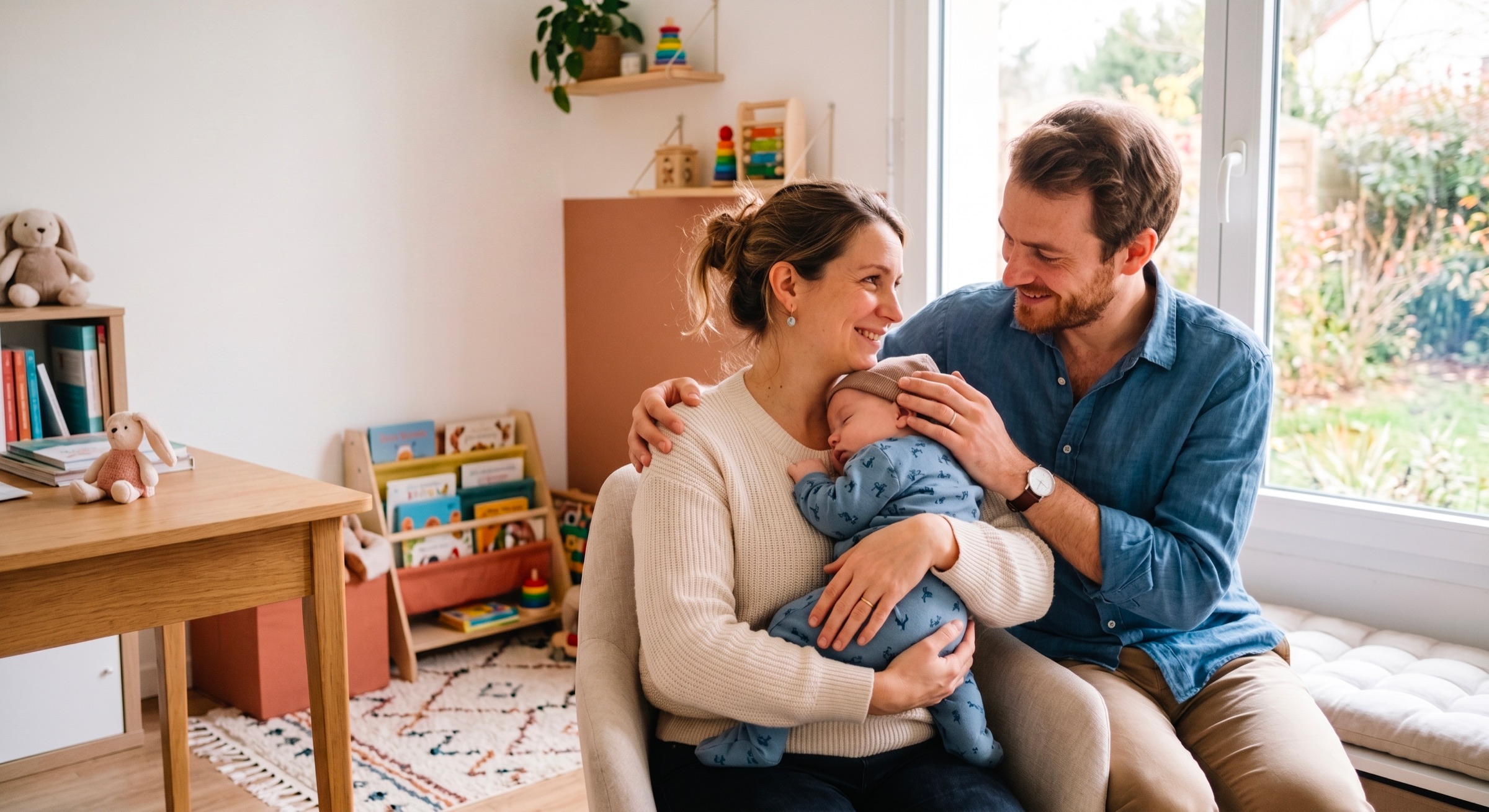 Des parents enlacent leur jeune enfant à la maison
