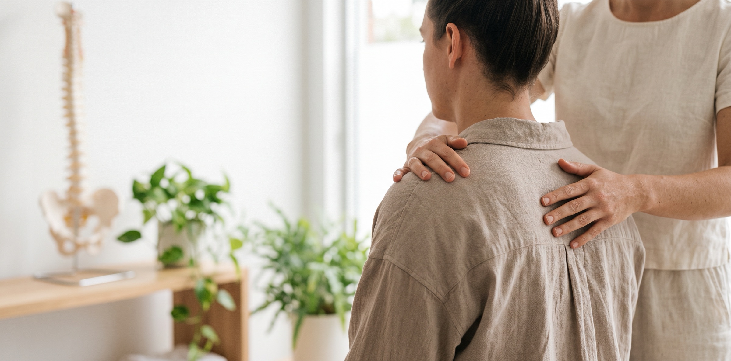 Une chiropraticienne pose les mains sur l'épaule d'un patient