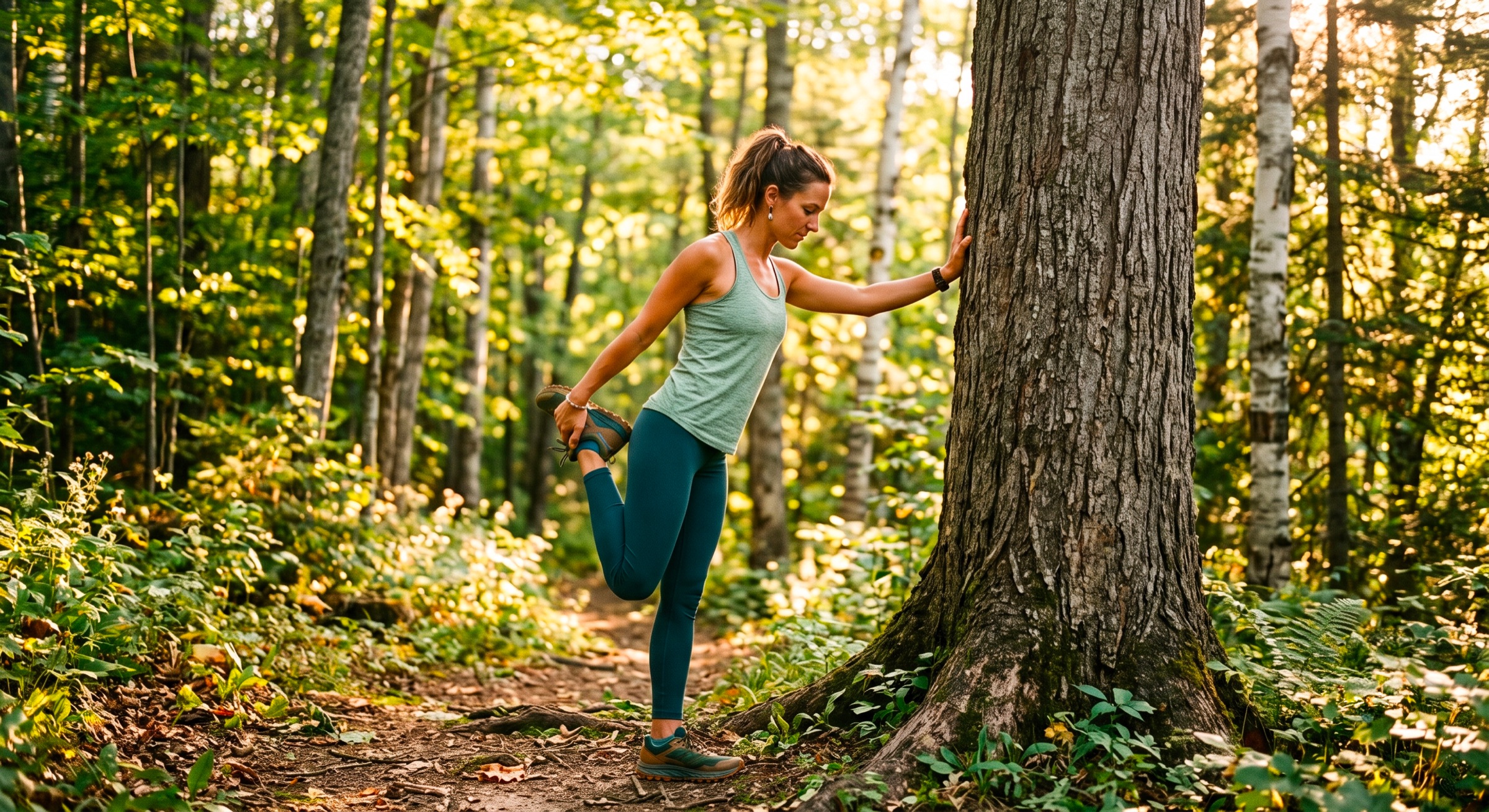Une sportive s'étire en forêt