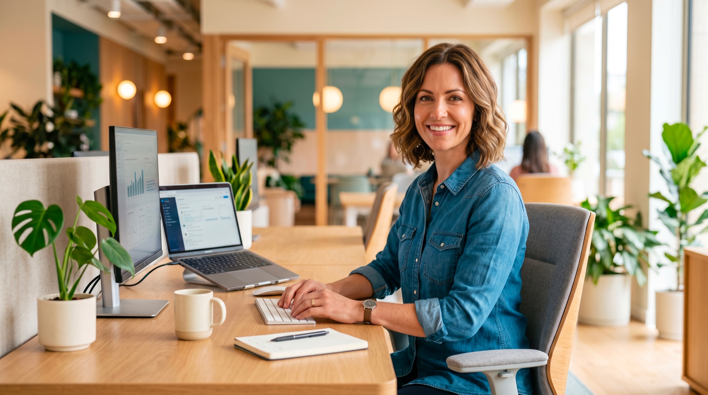 Une travailleuse souriante à son poste de travail