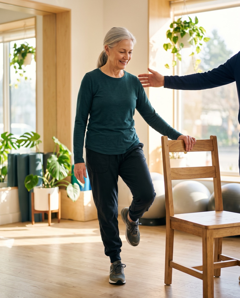 Une personne âgée active fait un exercice d'équilibre accompagnée
