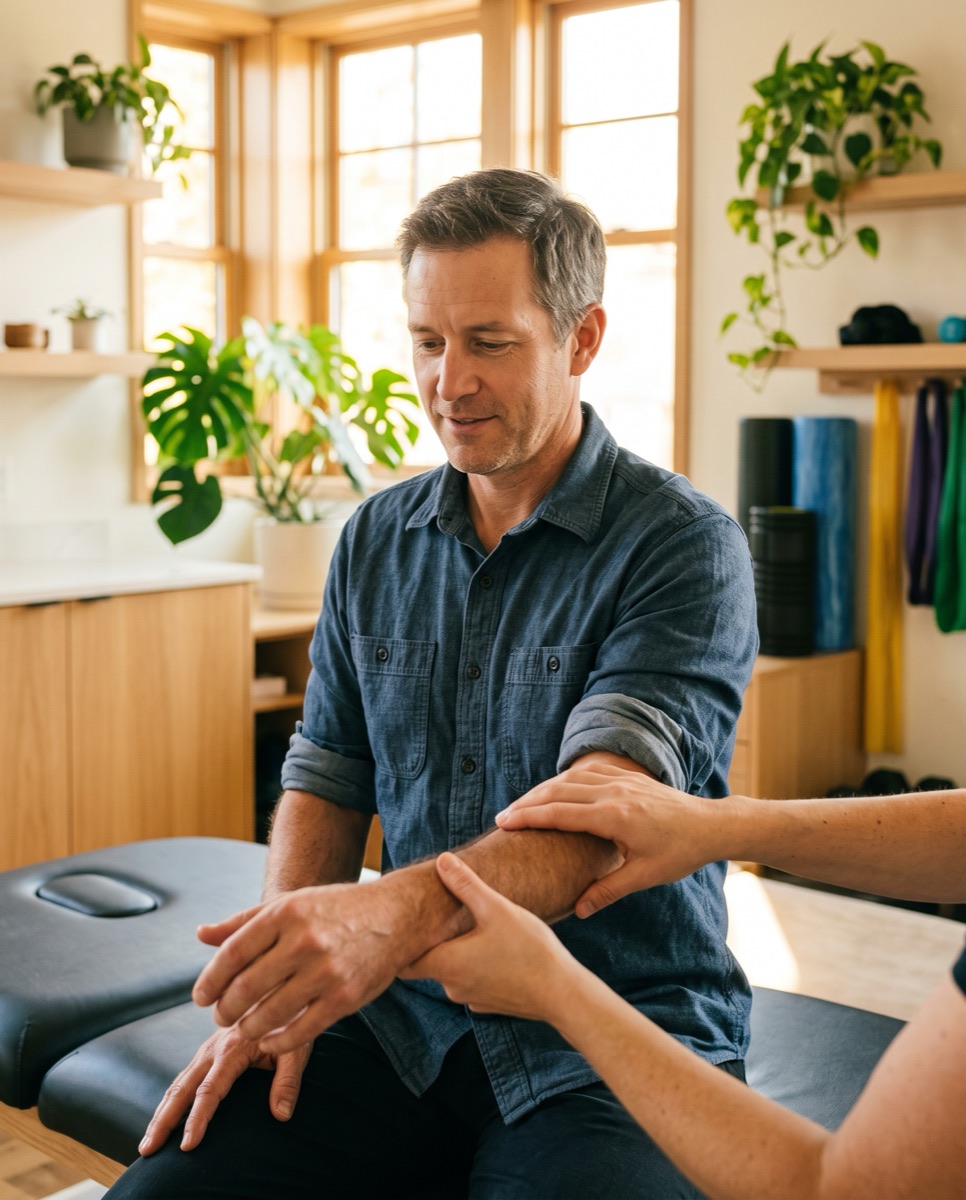Un chiropraticien traite l'avant-bras d'un travailleur